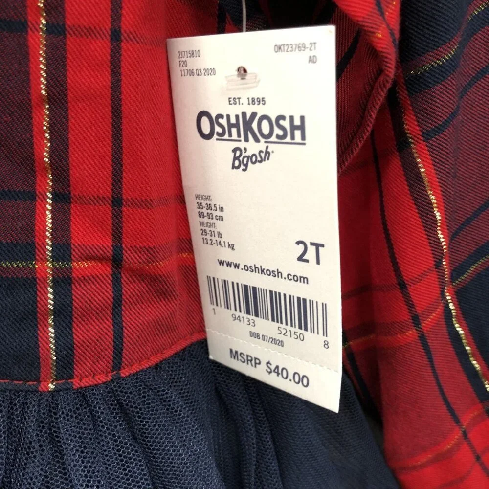 NWT Oshkosh B'gosh Girls 2T Long Sleeve Dress Tutu Red Plaid Holiday Shirt Dress